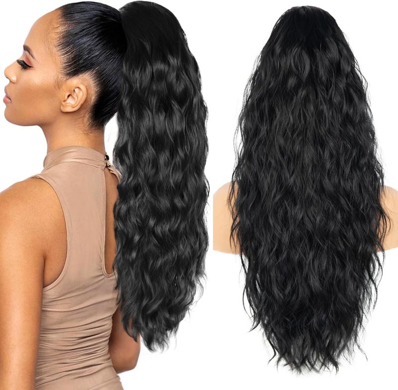 26 Inch Black Ponytail Extension Long Wavy Hair Extensions Synthetic Long Hair Pieces for Women Soft Natural Pony Tails Extensions Drawstring Ponytail Hair Extension for Daily Use Color Black