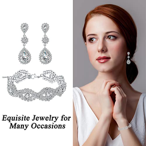 Paxuan Womens Wedding Bridal Earrings Bracelet Jewelry Sets Rhinestone Crystal Bracelets (Bracelet and Earrings Set) - Image 4