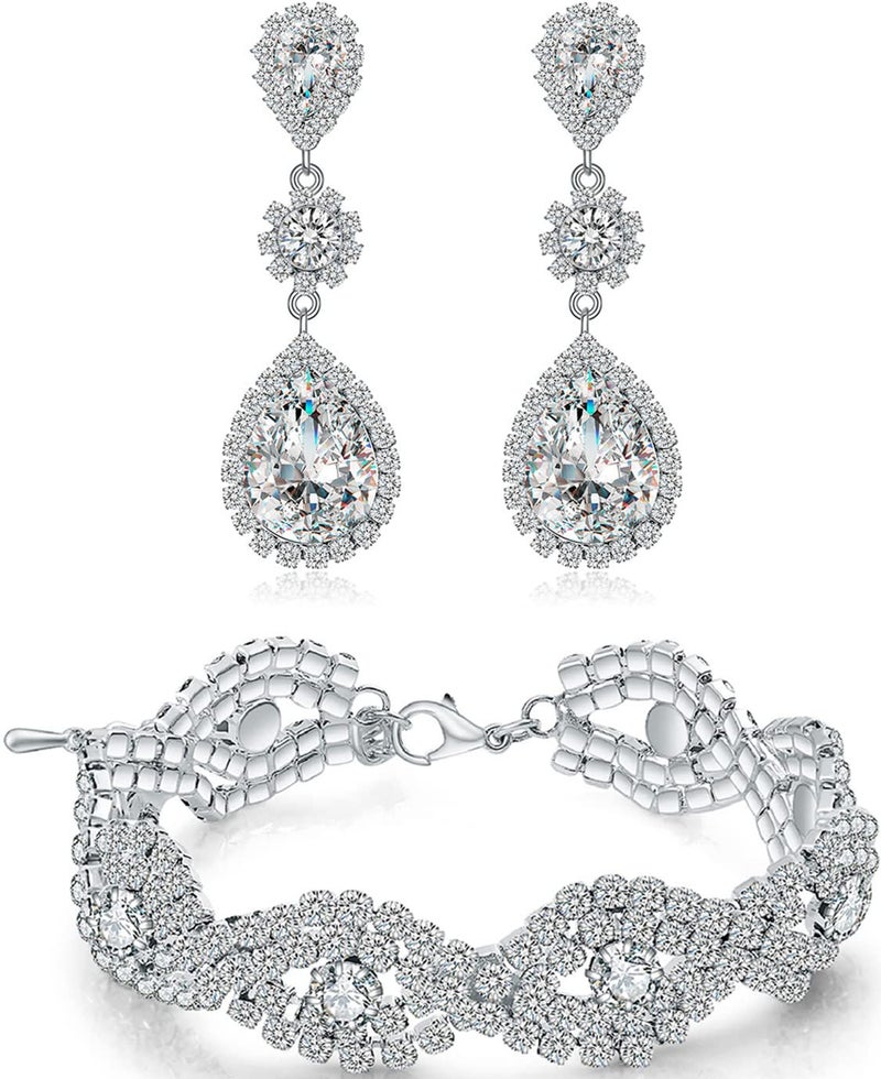 Paxuan Womens Wedding Bridal Earrings Bracelet Jewelry Sets Rhinestone Crystal Bracelets (Bracelet and Earrings Set) - Image 1