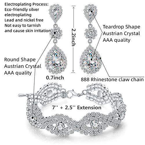 Paxuan Womens Wedding Bridal Earrings Bracelet Jewelry Sets Rhinestone Crystal Bracelets (Bracelet and Earrings Set) - Image 2