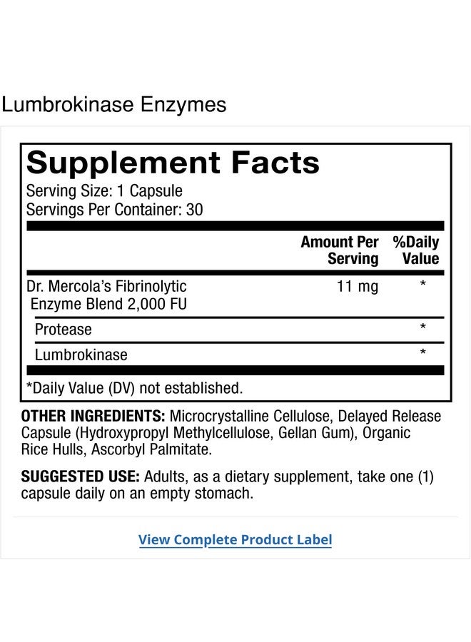 Lumbrokinase Enzymes Dietary Supplement 30 Servings (30 Capsules) Supports Cognitive And Cardiovascular Health Non Gmo Soy Free Gluten Free