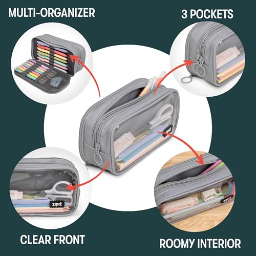 ZIPIT Half & Half Pencil Case, 3 Compartment Zipper Pouch for School, Stationery Bag for Teen Girls Boys and Adults, Grey - Image 3