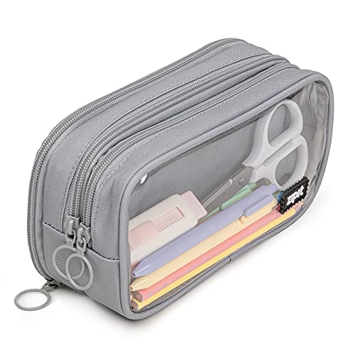ZIPIT Half & Half Pencil Case, 3 Compartment Zipper Pouch for School, Stationery Bag for Teen Girls Boys and Adults, Grey - Image 1
