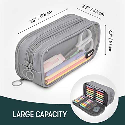 ZIPIT Half & Half Pencil Case, 3 Compartment Zipper Pouch for School, Stationery Bag for Teen Girls Boys and Adults, Grey - Image 2