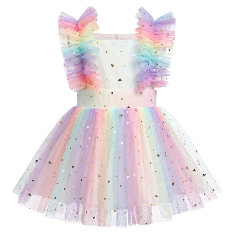 AWIBMK Baby Girls 1st Birthday Outfit Colorful Polka Dots Princess Tutu Dress Cake Smash Clothes for Photo Shoot Rainbow Stars Moon 1218 Months