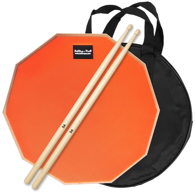 Softline Pro Dumbed Drum Practice Pad 12-Inch 10-Corner Design Double-Sided Natural Rubber Pad with Carry Bag & 5A Maple Wood Drumstick (SP-DPP45-SB-OG) - Image 1