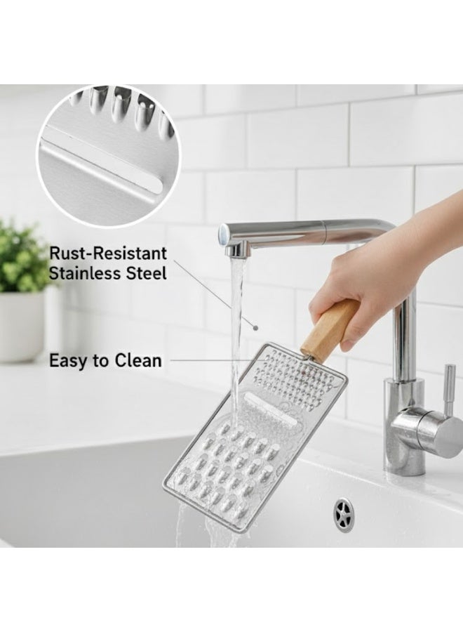 لوكاداه مبشرة يدوية فاخرة من الفولاذ المقاوم للصدأ بمقبض خشبي - مبشرة متعددة الأغراض للجبن والخضراوات والزنجبيل، شفرات حادة ومتينة، مقبض مريح، أداة مطبخ مقاومة للصدأ لبشر الجبن والثوم وقشر الليمون والخضراوات والفواكه - Image 5