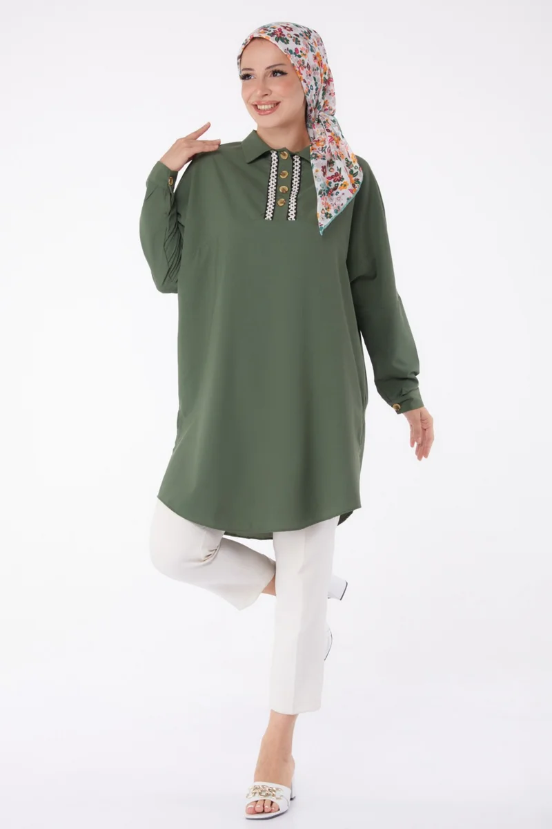 Tofisa Plain Shirt Collar Women's Khaki Tunic - 13257