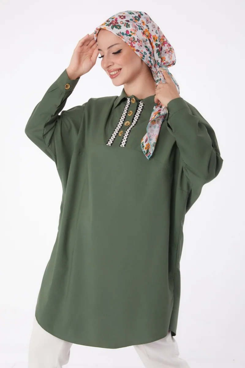 Tofisa Plain Shirt Collar Women's Khaki Tunic - 13257
