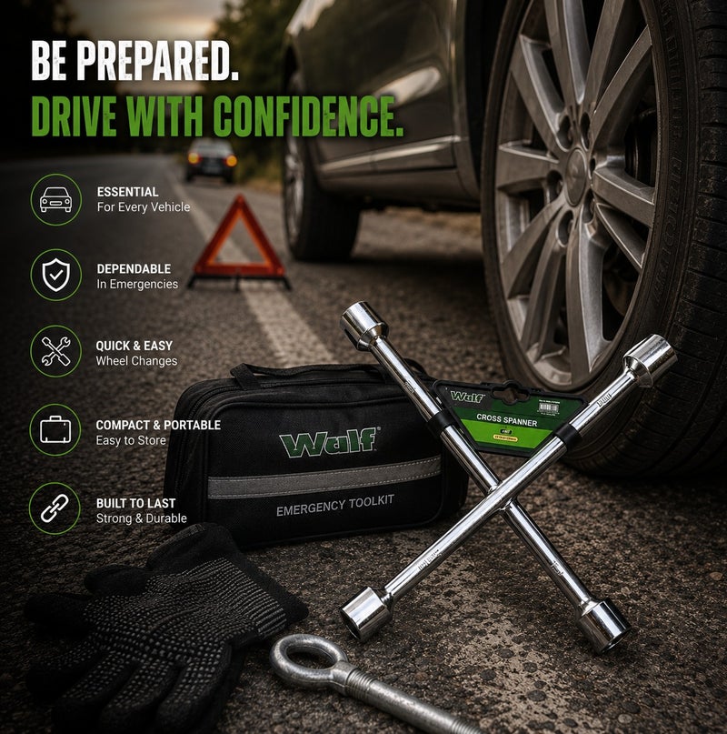 WULF 14 Inch Cross Spanner Heavy Duty 4 Way Lug Wrench with Chrome Plated Steel Construction for Car Wheel Nut Removal, Tire Changing & Automotive Repair Tool - Image 3