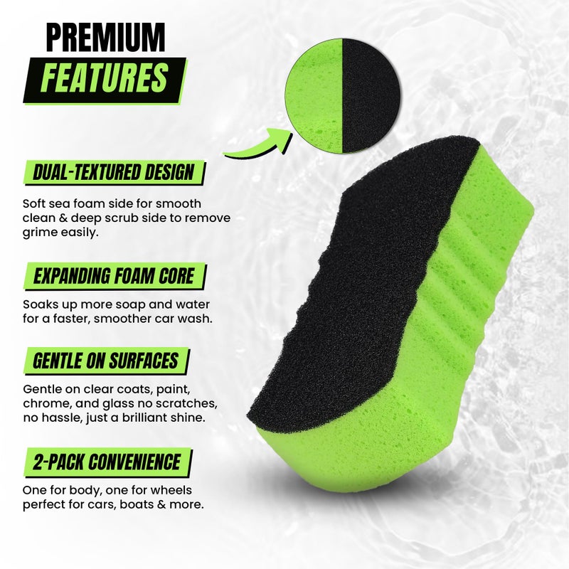 Grip Clean Dual Texture Car Wash Sponge - Multi Purpose Bug Remover Scrubbing Side Soft Sea Sponge - Ultra Scrub Car Cleaning Sponges Wash Bucket Accessory - 2 Pack - Image 2