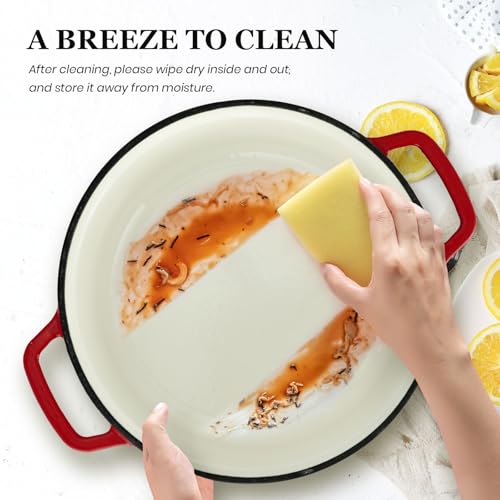 Overmont Enameled Cast Iron Dutch Oven - 5QT Pot with Lid Cookbook & Cotton Potholders - Heavy-Duty Cookware for Braising, Stews, Roasting, Bread Baking red - Image 4