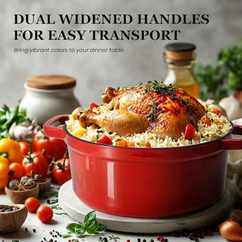 Overmont Enameled Cast Iron Dutch Oven - 5QT Pot with Lid Cookbook & Cotton Potholders - Heavy-Duty Cookware for Braising, Stews, Roasting, Bread Baking red - Image 3