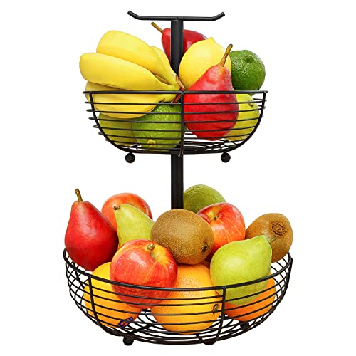 CAXXA 2 Tier Fruit Basket Bowl Kitchen Heavy Duty Wire Organizer, Black - Image 1