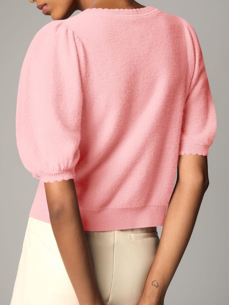 Saodimallsu Womens Puff Short Sleeve Cardigan Lightweight Summer Button Down Shirts Knit Crew Neck Sweater Tops Pink - Image 5