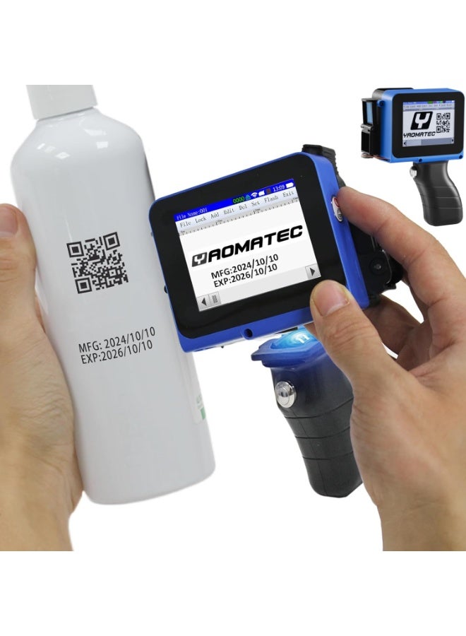 ياوماتيك طابعة نافثة للحبر محمولة صغيرة للأسطح المسطحة والمنحنية، مزودة بشاشة تعمل باللمس وخرطوشة حبر سريعة الجفاف، وجهاز وضع علامات محمول للجيب مقاس 12.7 مم/0.5 بوصة للملصق/التاريخ/الرمز الشريطي/الشعار/رمز الاستجابة السريعة/رقم الدفعة، 28 لغة - Image 1