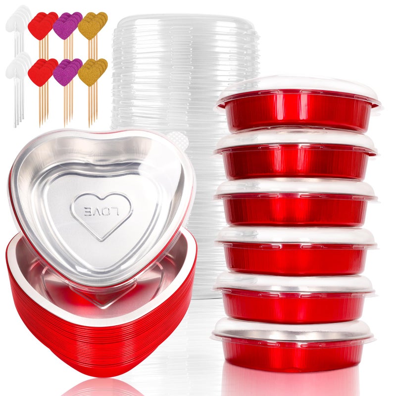 yeload 12 Pack 8 Inch Heart Shaped Cake Pans with Lids, 23oz Large Disposable Foil Heart Pans for Valentine's & Mother's Day, Aluminum Heart Cake Pans, Valentine's Day Baking Kit (Red) - Image 1