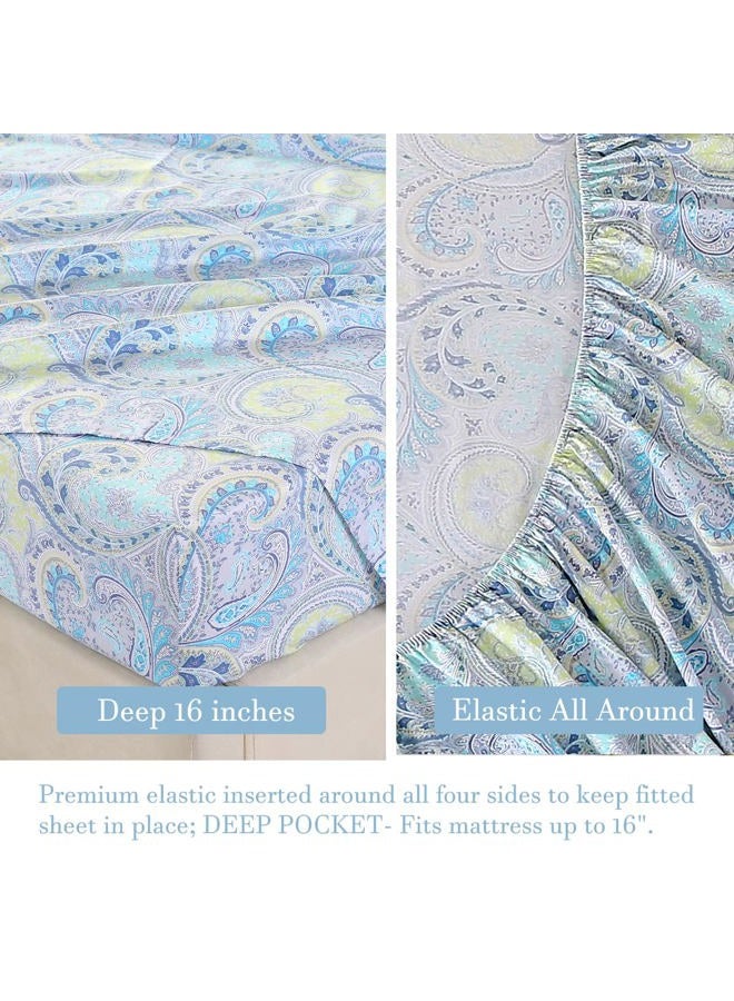 URBONUR Paisley Sheets Set Queen Size 4Pcs Bohemian Paisley Bedding Sheets Collection Luxury 100% Cotton Sheets Set Silky Smooth & Crisp Bed Linen Set (4pcs, Blue Paisley) - Image 5