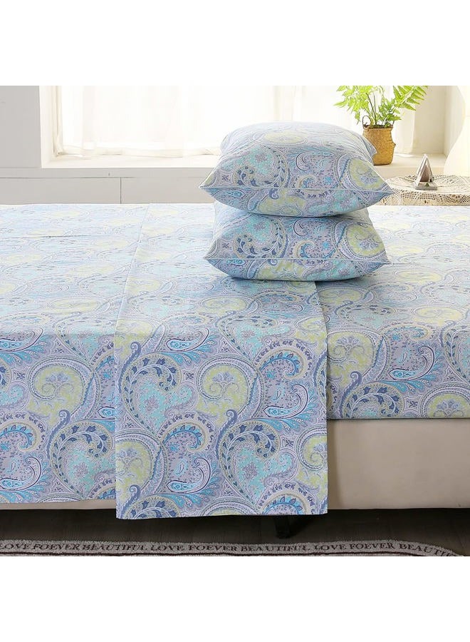 URBONUR Paisley Sheets Set Queen Size 4Pcs Bohemian Paisley Bedding Sheets Collection Luxury 100% Cotton Sheets Set Silky Smooth & Crisp Bed Linen Set (4pcs, Blue Paisley) - Image 2