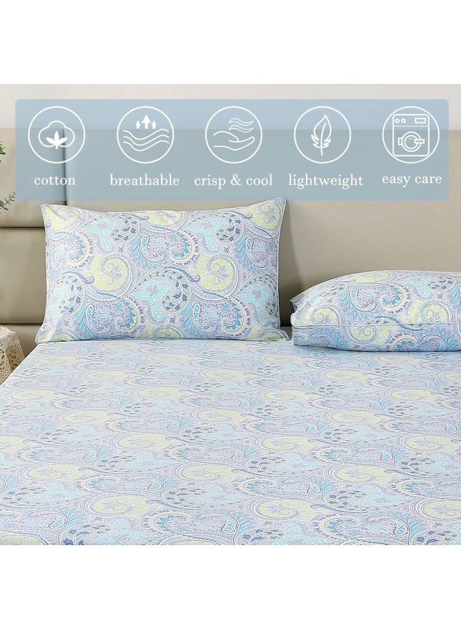 URBONUR Paisley Sheets Set Queen Size 4Pcs Bohemian Paisley Bedding Sheets Collection Luxury 100% Cotton Sheets Set Silky Smooth & Crisp Bed Linen Set (4pcs, Blue Paisley) - Image 4