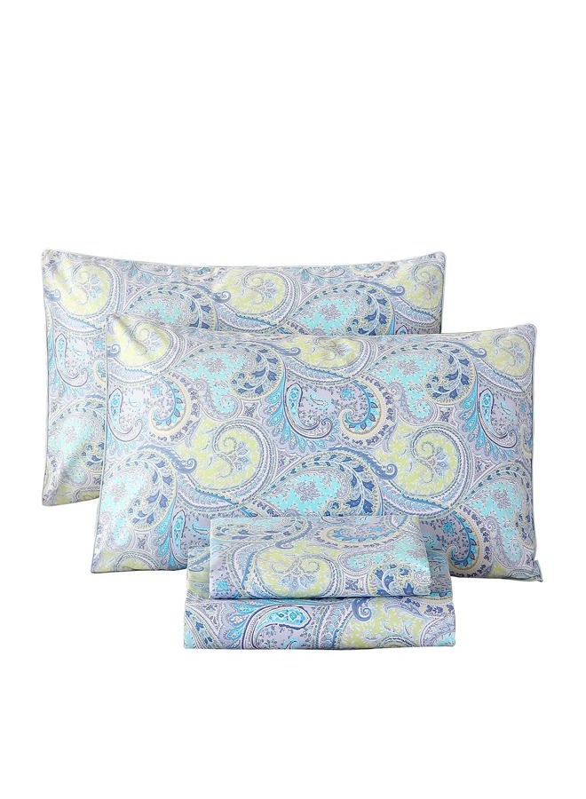 URBONUR Paisley Sheets Set Queen Size 4Pcs Bohemian Paisley Bedding Sheets Collection Luxury 100% Cotton Sheets Set Silky Smooth & Crisp Bed Linen Set (4pcs, Blue Paisley) - Image 1