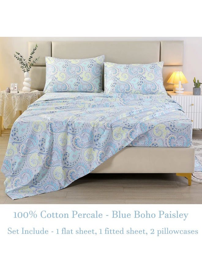 URBONUR Paisley Sheets Set Queen Size 4Pcs Bohemian Paisley Bedding Sheets Collection Luxury 100% Cotton Sheets Set Silky Smooth & Crisp Bed Linen Set (4pcs, Blue Paisley) - Image 3