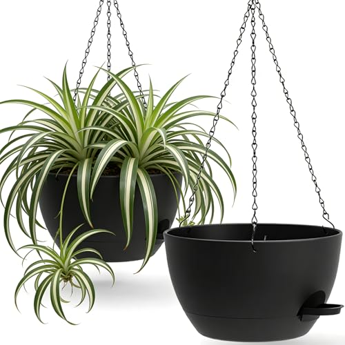 UOUZ 13 Inch 2 Pack Large Self Watering Hanging Planters for Indoor Outdoor Plants, Hanging Plant Pots with Removable 50 Oz Reservoir, Plastic Hanging Basket for Window Porch Garden Balcony, Black - Image 1