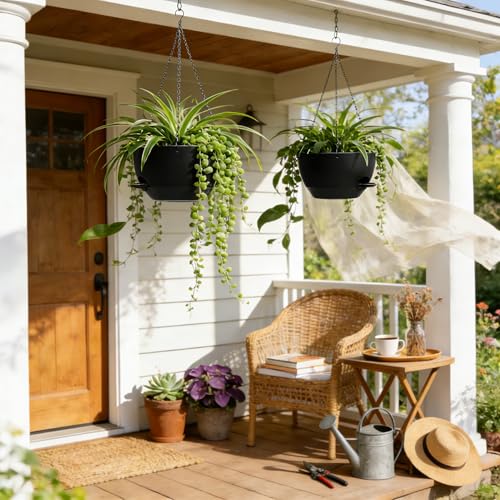 UOUZ 13 Inch 2 Pack Large Self Watering Hanging Planters for Indoor Outdoor Plants, Hanging Plant Pots with Removable 50 Oz Reservoir, Plastic Hanging Basket for Window Porch Garden Balcony, Black - Image 2