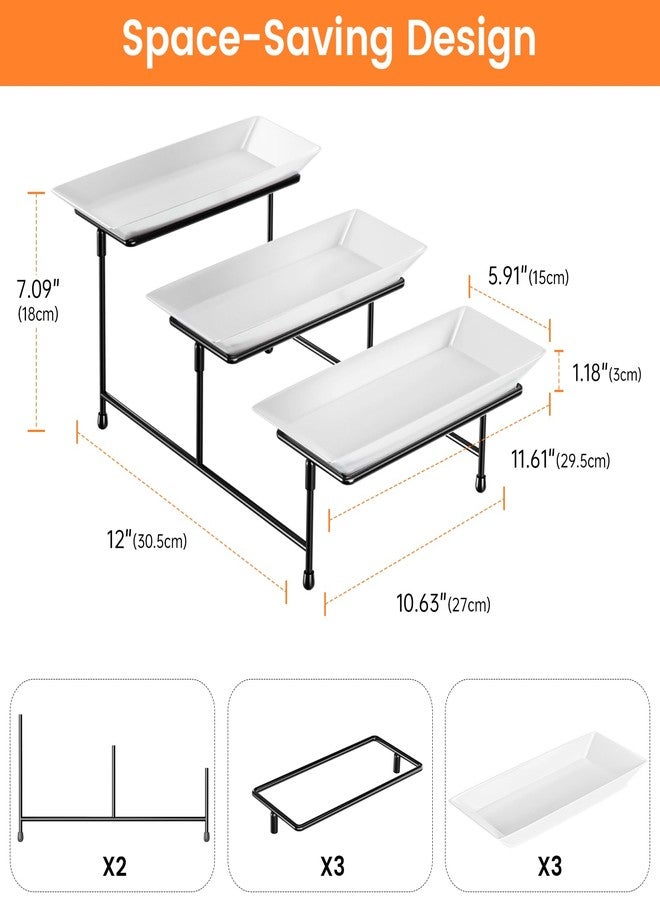 Abiglifty 3 Tier Serving Tray for Party, 12.8"x7.5" BPA Free Food Grade Shatterproof Tiered Serving Platters with Steel Stand, Collapsible Dessert Display for Wedding, Graduation, BBQ, Holiday Events, Black - Image 2