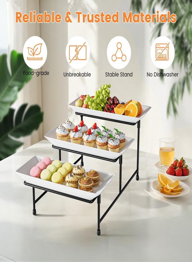 Abiglifty 3 Tier Serving Tray for Party, 12.8"x7.5" BPA Free Food Grade Shatterproof Tiered Serving Platters with Steel Stand, Collapsible Dessert Display for Wedding, Graduation, BBQ, Holiday Events, Black - Image 3