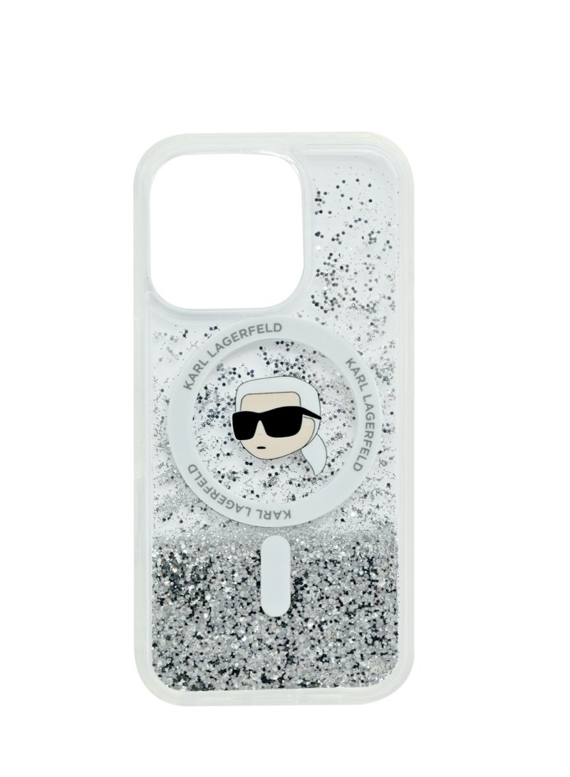 كارل لاغرفيلد Karl Lagerfeld Magsafe Liquid Glitter Hard Case with Karl Head For iPhone 16 Pro - Clear