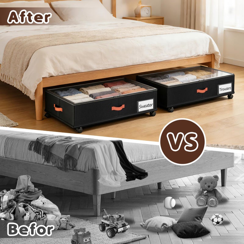 Tsinglax Under Bed Storage with Wheels 2-Pack, Under Bed Storage Containers 66L Clear Lids, Rolling Storage Drawers for Clothes Shoes Blankets, Underbed Organizer Bins(30" L x 16.2" W x 7.5" H) - Image 4