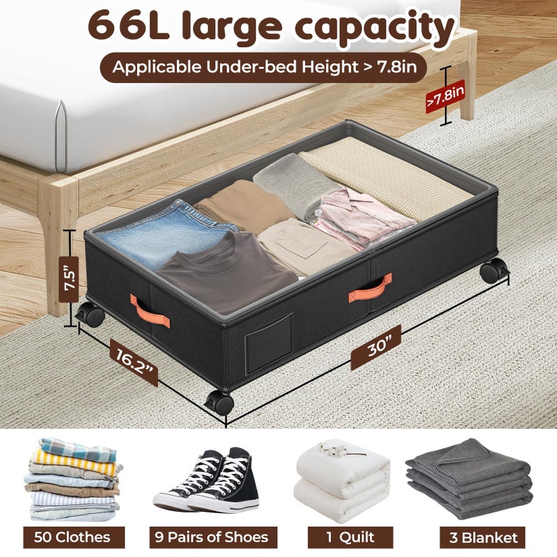 Tsinglax Under Bed Storage with Wheels 2-Pack, Under Bed Storage Containers 66L Clear Lids, Rolling Storage Drawers for Clothes Shoes Blankets, Underbed Organizer Bins(30" L x 16.2" W x 7.5" H) - Image 2