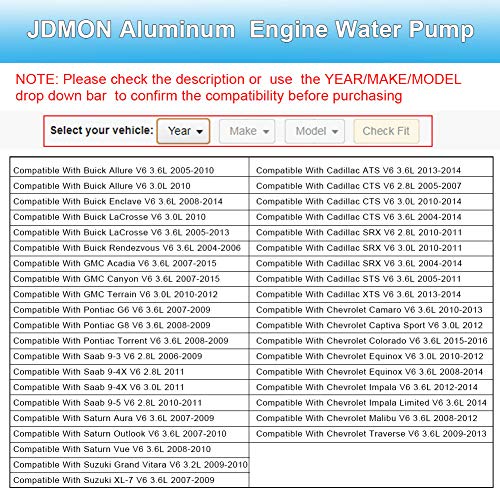 JDMON Compatible with Water Pump with Gasket Chevy Buick Cadillac GMC Pontiac SAAB Saturn Suzuki 2.8L 3.0L 3.6L V6 Replace AW5103 - Image 2