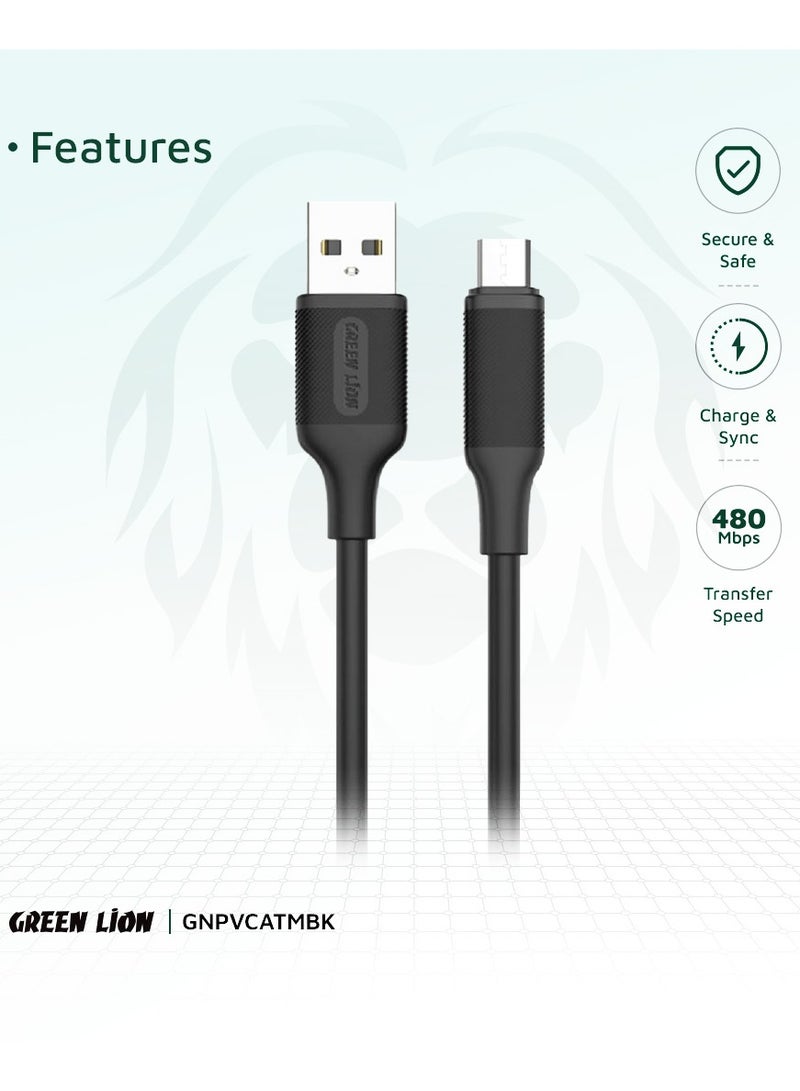 GREEN LION USB-A To Micro PVC Cable 1 Meter Length / Super Durable / Secure & Safe / Charge & Sync / 480Mbps Transfer Speed / High Speed Charging / Quick Data Sync / 10000 Bends Life Span / Premium Quality / Compatible with android smartphone / tablet / PC peripheral or any other micro-USB-compatible device - Black - Image 2