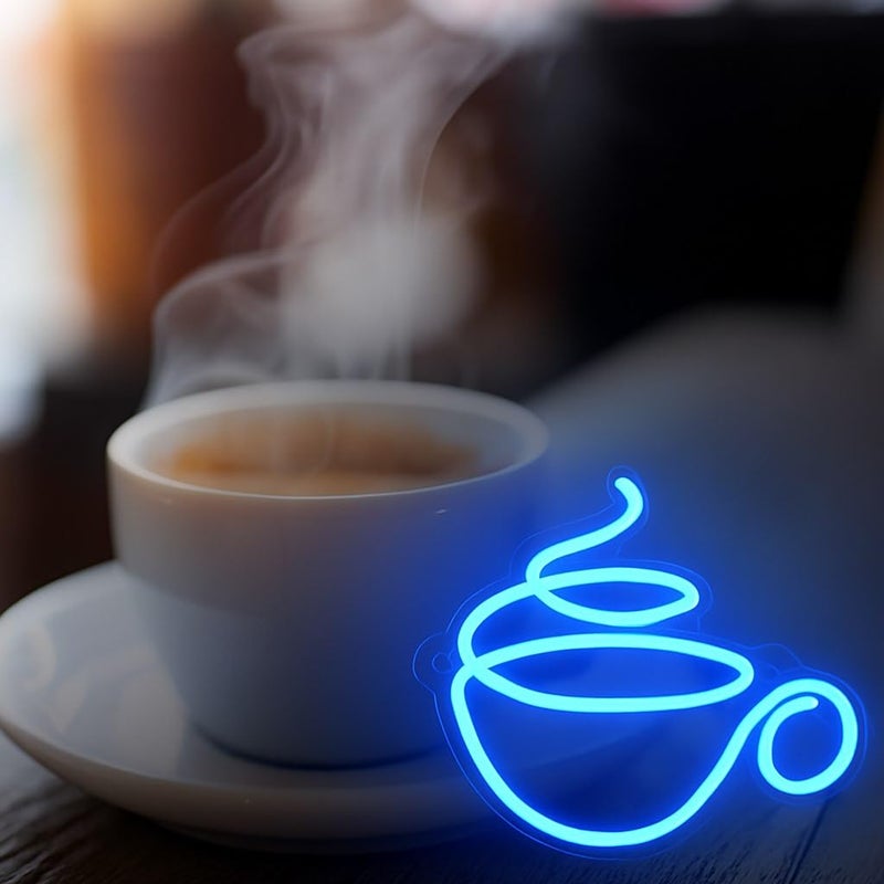 Horoof Home Blue Coffee Cup Neon Sign - 27.3x23.7 cm Acrylic LED Light Wall Decor for Coffee Bar and Kitchen - Image 3