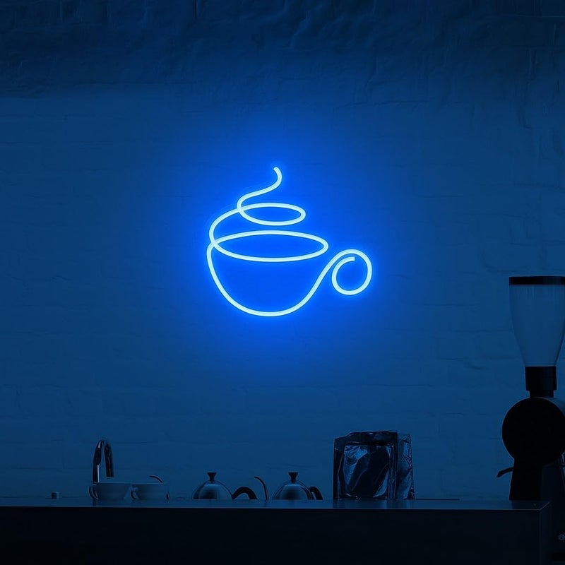Horoof Home Blue Coffee Cup Neon Sign - 27.3x23.7 cm Acrylic LED Light Wall Decor for Coffee Bar and Kitchen - Image 1