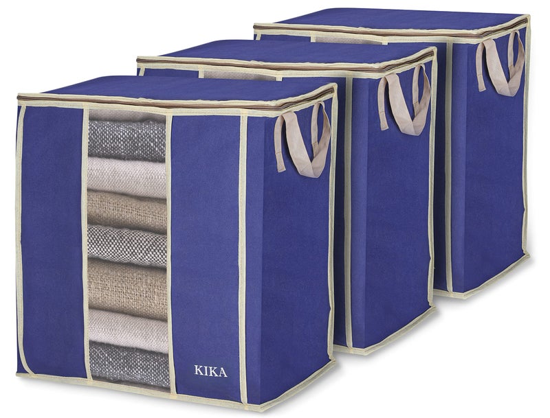 KIKA HOMS Large Clothes, Toys, Pillow & Blanket Storage Bag, Foldable Storage Organizer, 3x60L = 180L, 3 Pcs Pack (Blue), Polypropylene - Image 1