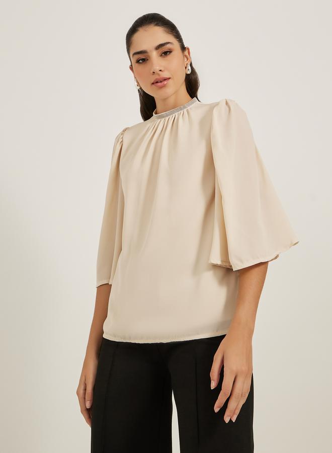 Styli Embellished Neckline Flared Angel Sleeve Blouse  - Image 3