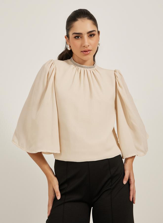 Styli Embellished Neckline Flared Angel Sleeve Blouse  - Image 5