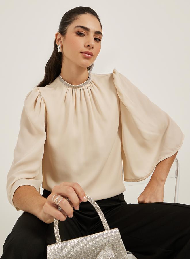 Styli Embellished Neckline Flared Angel Sleeve Blouse  - Image 1