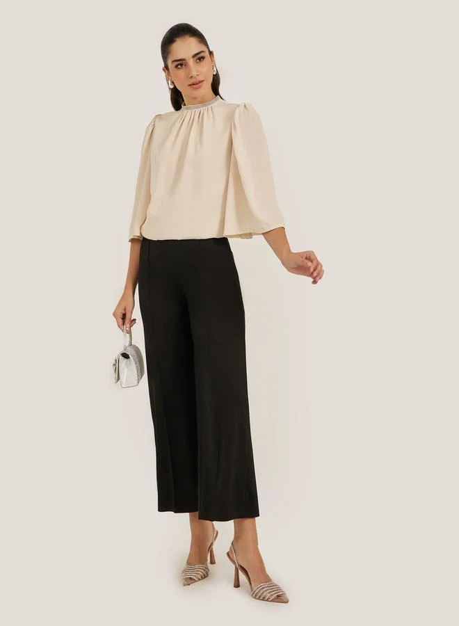 Styli Embellished Neckline Flared Angel Sleeve Blouse
