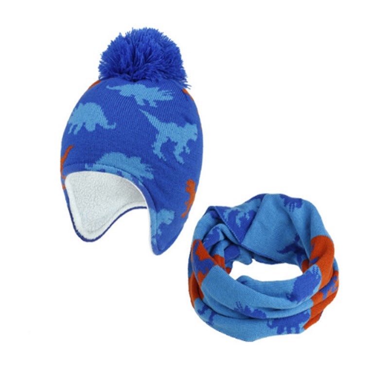 Kids Dinosaur Earflap Hat Scarf Set Sapphire M 1-3 years old 