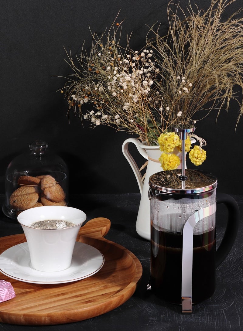 French Press Coffee and Tea Maker, 600 ml / 20 oz / 2 Cup, Borosilicate Glass Coffee Press, Stainless Steel Filter, Durable and Heat Resistant, Silver - FY450
