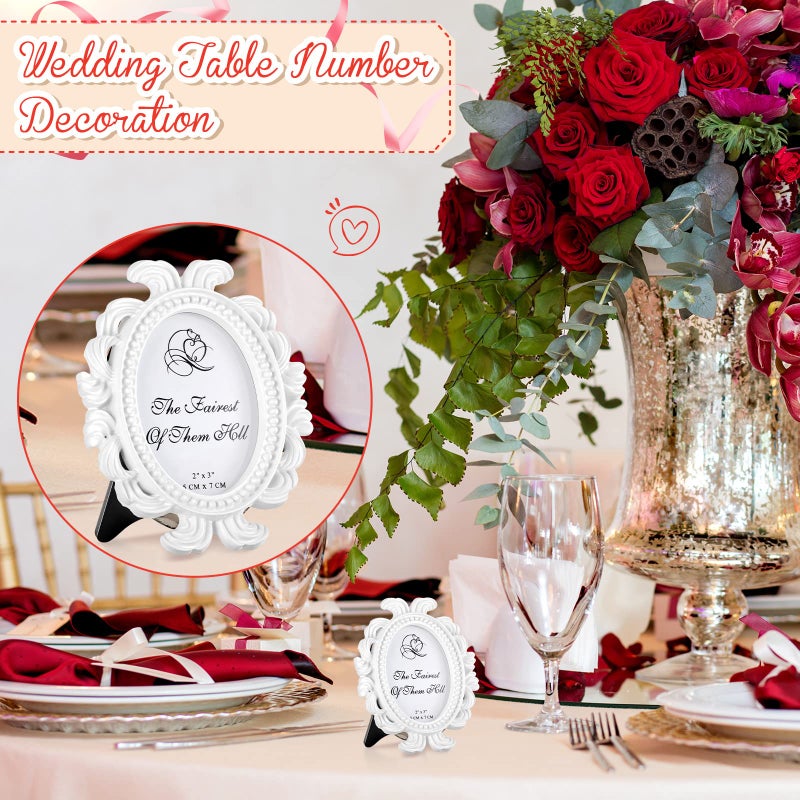 Vicenpal 6 Pieces Vintage Picture Antique Photo Frame Baroque Place Card Photo Holder Mini Picture Resin Oval Display Beaded Frame Christmas Holiday Decor (White) - Image 2