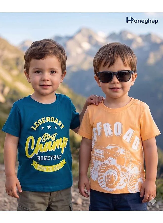 Honeyhap Honeyhap Premium 100% Cotton Knitted T-Shirts with Bio Finish & Text Print, Pack of 2 - Orange & Blue