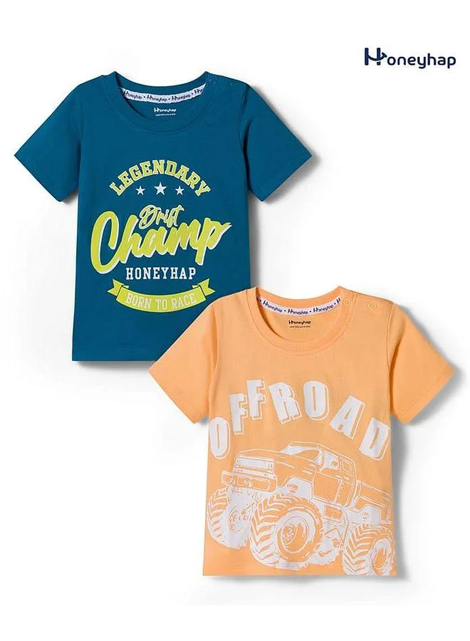 Honeyhap Honeyhap Premium 100% Cotton Knitted T-Shirts with Bio Finish & Text Print, Pack of 2 - Orange & Blue