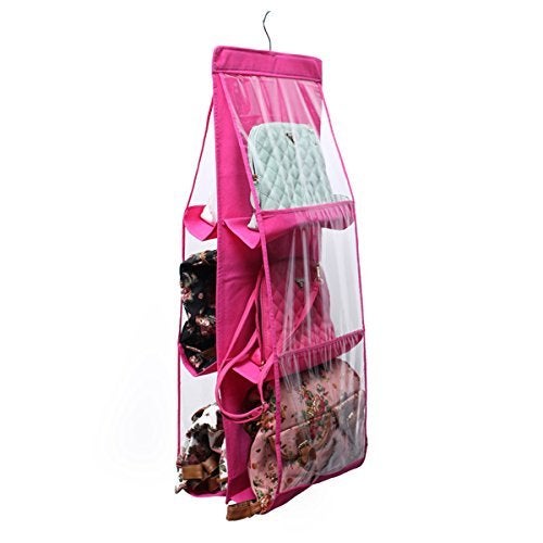 Inditradition Hanging Purse Bags Organizer | Standing Storage Rack for Handbags, Purse, Clutches, Hats (6 Pockets, with Hook, 90 cm) (Pink) - Image 2