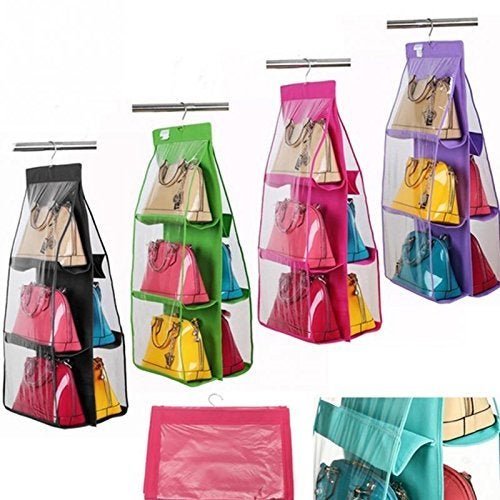 Inditradition Hanging Purse Bags Organizer | Standing Storage Rack for Handbags, Purse, Clutches, Hats (6 Pockets, with Hook, 90 cm) (Pink) - Image 3