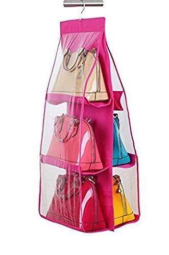 Inditradition Hanging Purse Bags Organizer | Standing Storage Rack for Handbags, Purse, Clutches, Hats (6 Pockets, with Hook, 90 cm) (Pink) - Image 1